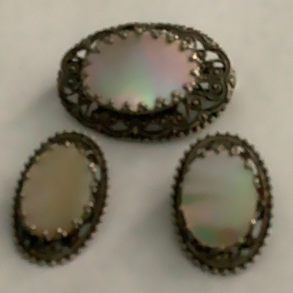 Brooch & Clip Earrings made in W Germany. Mother of Pearl. Vintage preow…